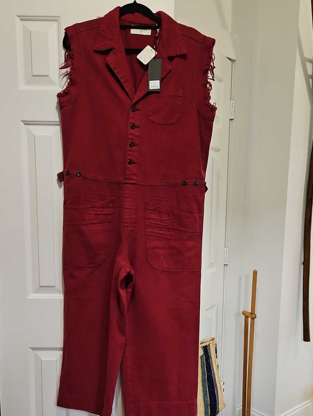 Free People Demin Burgundy Sleeveless Utility Jumpsuit